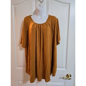 MANER 4XL Mustard Yellow Pleated‎ Neck Short Sleeve Tunic Top Plus Size /0324